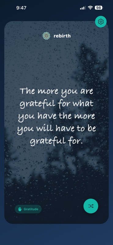 Rebirth app displaying physical health wellness affirmation