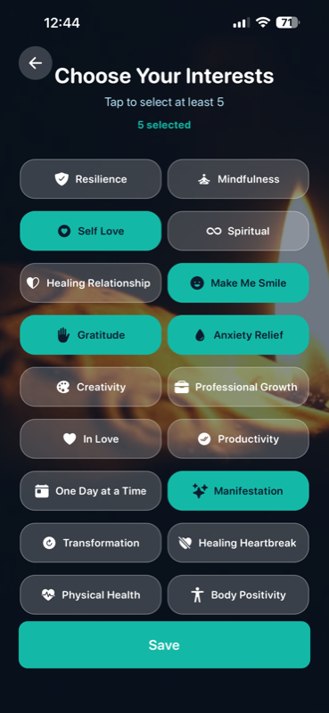 Rebirth app category selection showing self confidence affirmations