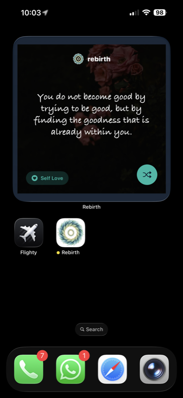 Rebirth widget showing resilience affirmation
